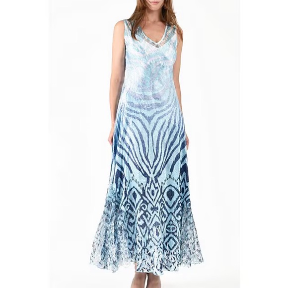 Komarov Charmeuse V-Neck Lace Up Back Crinkle Stretch Blue Floral Maxi Dress M - Picture 15 of 16